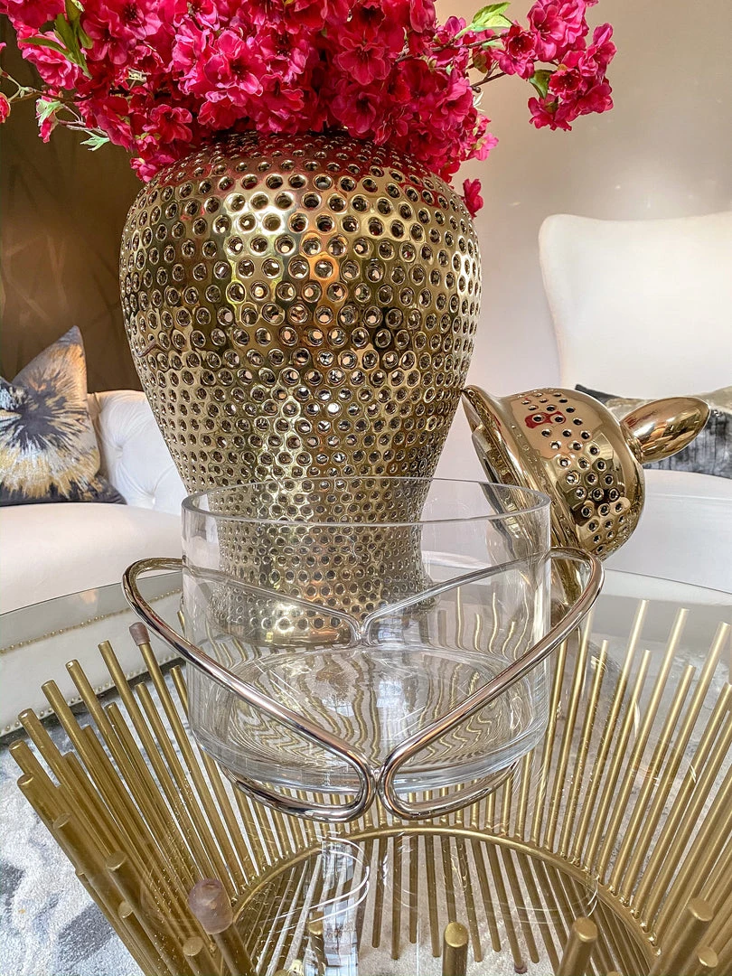 Inspire Me! Home Decor Gold Tall Round Glass Serveware With Metal Base And Handles (2 Colors) 4 Inspire Me! Home Decor Gold Tall Round Glass Serveware With Metal Base And Handles (2 Colors)