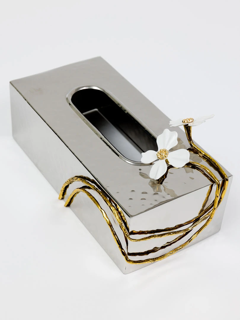 Inspire Me! Home Decor Silver Tissue Box Cover With White Jeweled Flower Details 4 Inspire Me! Home Decor Silver Tissue Box Cover With White Jeweled Flower Details