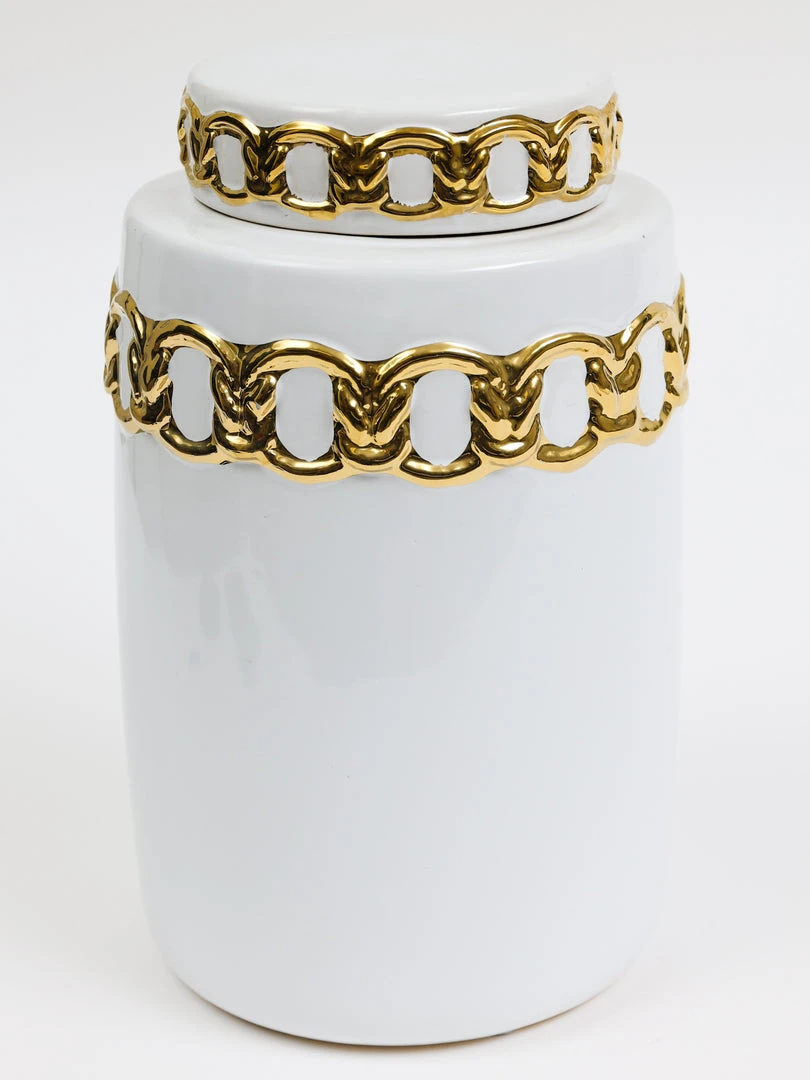Inspire Me! Home Decor Jars White Ceramic Lidded Jar With Stunning Gold Chain Details (3 Sizes) 5 Inspire Me! Home Decor Jars White Ceramic Lidded Jar With Stunning Gold Chain Details (3 Sizes)