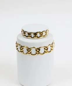 Inspire Me! Home Decor Jars White Ceramic Lidded Jar With Stunning Gold Chain Details (3 Sizes) 14 Inspire Me! Home Decor Jars White Ceramic Lidded Jar With Stunning Gold Chain Details (3 Sizes)