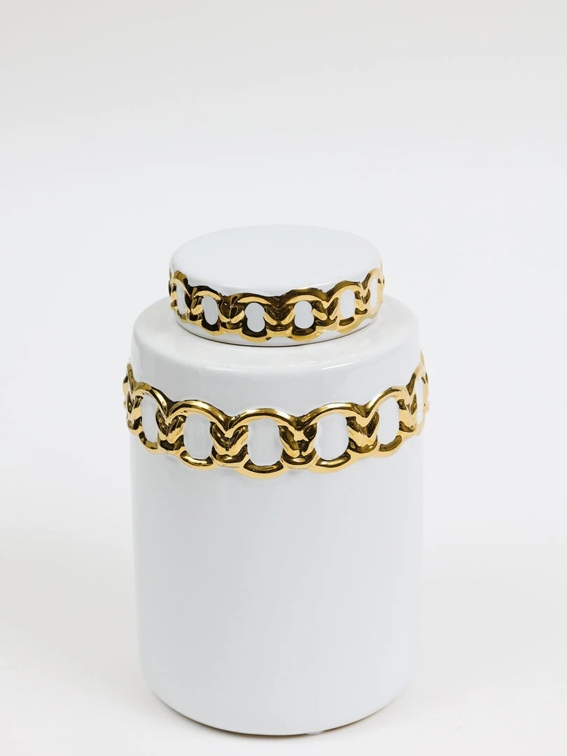 Inspire Me! Home Decor Jars White Ceramic Lidded Jar With Stunning Gold Chain Details (3 Sizes) 7 Inspire Me! Home Decor Jars White Ceramic Lidded Jar With Stunning Gold Chain Details (3 Sizes)