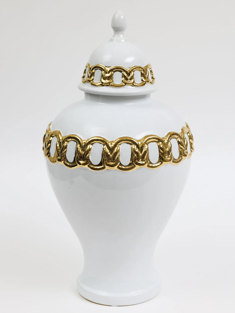 Inspire Me! Home Decor White Ceramic Ginger Jar With Stunning Gold Chain Details (3 Sizes) 6 Inspire Me! Home Decor White Ceramic Ginger Jar With Stunning Gold Chain Details (3 Sizes)