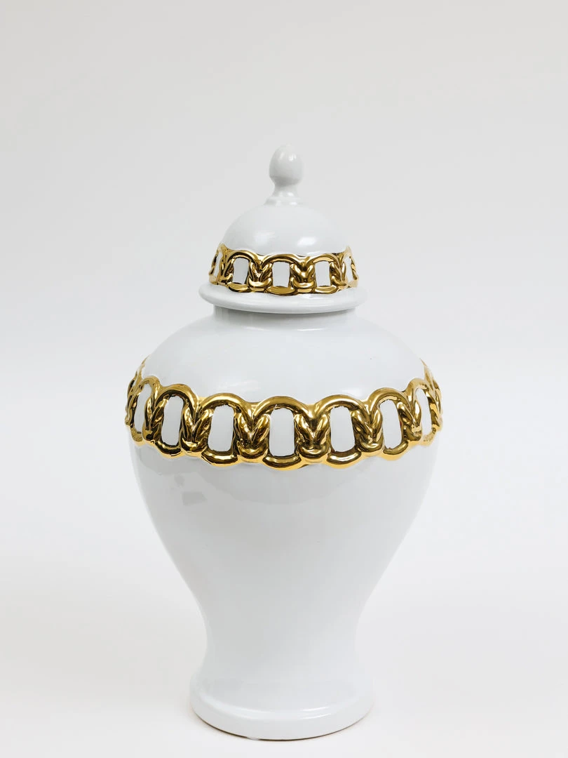 Inspire Me! Home Decor White Ceramic Ginger Jar With Stunning Gold Chain Details (3 Sizes) 7 Inspire Me! Home Decor White Ceramic Ginger Jar With Stunning Gold Chain Details (3 Sizes)