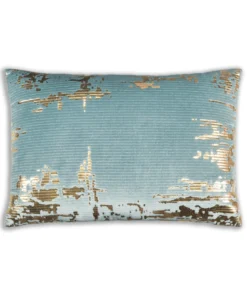 Cloud9d Asra - Oblong Teal Velvet Pillow W/ Quilting And Shiny Gold Foil Print - 20" X 14" PILLOWS, RUGS, & THROWS