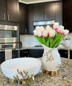 Inspire Me! Home Decor White Ceramic Bowl With Gold Textured Details On Gold Base " From Pops Of Color Home Collection"
