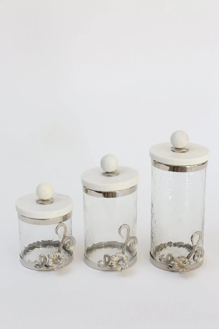 Inspire Me! Home Decor Gold Or Silver Metal Floral Glass Canisters With Marble Lid-With Metal Rim (3 Sizes) (2 Colors) 3 Inspire Me! Home Decor Gold Or Silver Metal Floral Glass Canisters With Marble Lid-With Metal Rim (3 Sizes) (2 Colors)