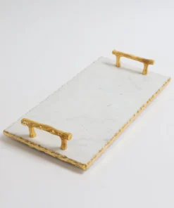 Inspire Me! Home Decor Rectangle Marble Tray With Gold Handles & Hammered Gold Edge