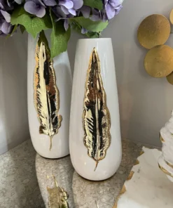 Inspire Me! Home Decor White Ceramic Vase With Gold Leaf Design (3 Sizes) 14 Inspire Me! Home Decor White Ceramic Vase With Gold Leaf Design (3 Sizes)