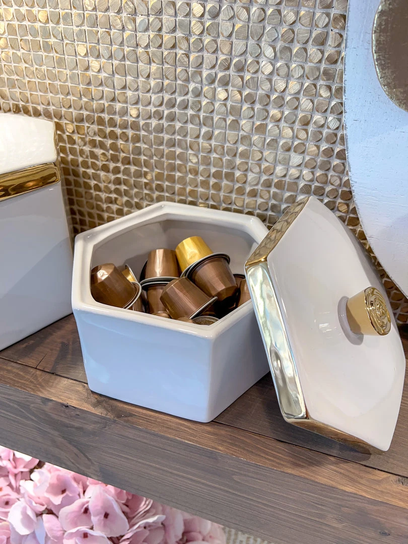 Inspire Me! Home Decor White And Gold Ceramic Jars With Lids (3 Sizes) 6 Inspire Me! Home Decor White And Gold Ceramic Jars With Lids (3 Sizes)