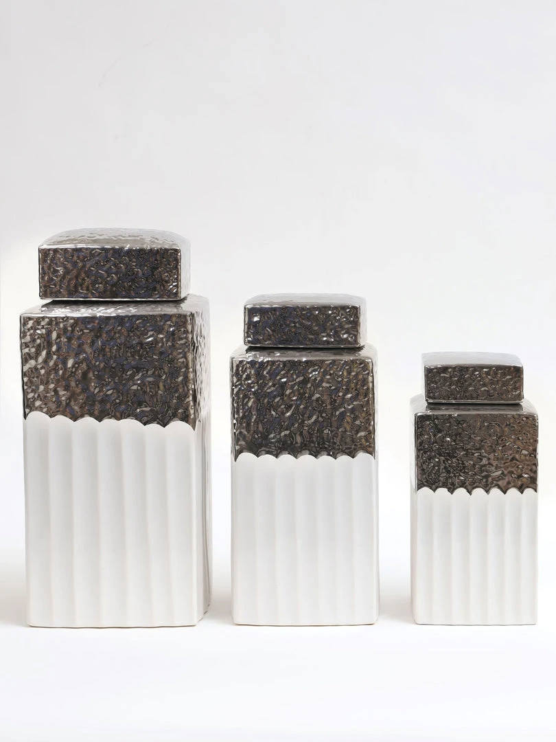 Inspire Me! Home Decor White Hammered Canister With Silver Border & Lid (3 Sizes) Gold 4 Inspire Me! Home Decor White Hammered Canister With Silver Border & Lid (3 Sizes) Gold