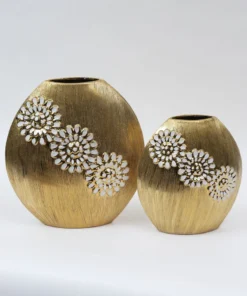 Inspire Me! Home Decor Round Textured Ceramic Gold Vase With White Flower Design (2 Sizes)