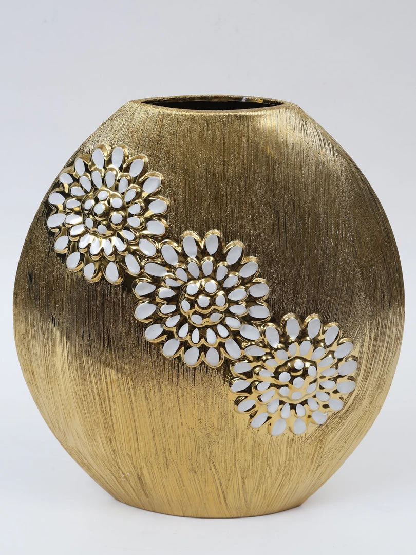 Inspire Me! Home Decor Round Textured Ceramic Gold Vase With White Flower Design (2 Sizes) 7 Inspire Me! Home Decor Round Textured Ceramic Gold Vase With White Flower Design (2 Sizes)