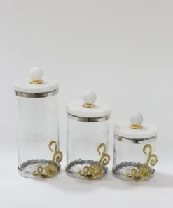 Inspire Me! Home Decor Gold Or Silver Metal Floral Glass Canisters With Marble Lid-With Metal Rim (3 Sizes) (2 Colors) 21 Inspire Me! Home Decor Gold Or Silver Metal Floral Glass Canisters With Marble Lid-With Metal Rim (3 Sizes) (2 Colors)