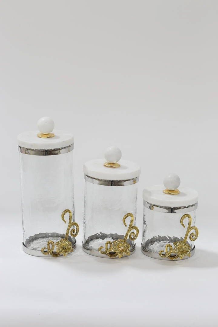 Inspire Me! Home Decor Gold Or Silver Metal Floral Glass Canisters With Marble Lid-With Metal Rim (3 Sizes) (2 Colors) 5 Inspire Me! Home Decor Gold Or Silver Metal Floral Glass Canisters With Marble Lid-With Metal Rim (3 Sizes) (2 Colors)