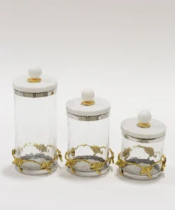Inspire Me! Home Decor Gold Or Silver Metal Leaf Branch W/ Marble Ball Lid Canisters- With Metal Rim (3 Sizes & 2 Colors) 18 Inspire Me! Home Decor Gold Or Silver Metal Leaf Branch W/ Marble Ball Lid Canisters- With Metal Rim (3 Sizes & 2 Colors)