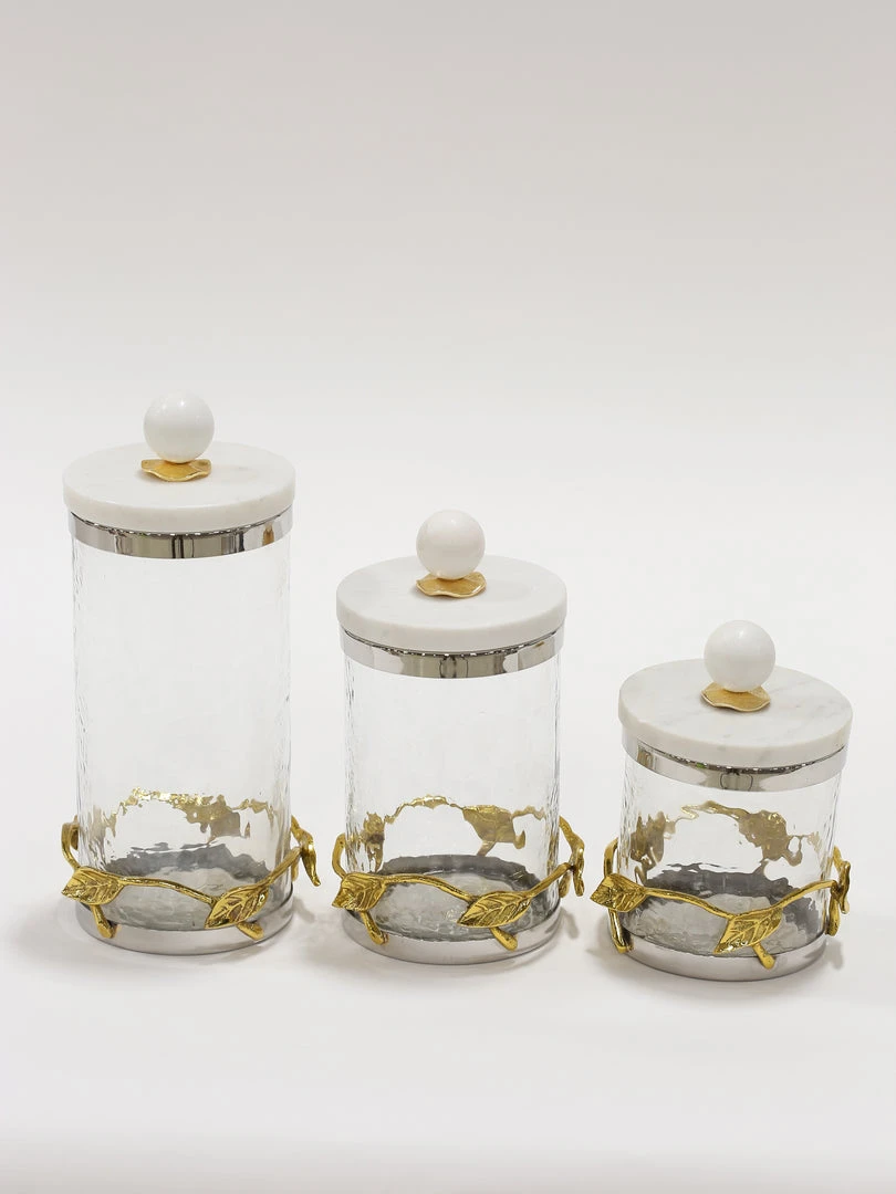 Inspire Me! Home Decor Gold Or Silver Metal Leaf Branch W/ Marble Ball Lid Canisters- With Metal Rim (3 Sizes & 2 Colors) 7 Inspire Me! Home Decor Gold Or Silver Metal Leaf Branch W/ Marble Ball Lid Canisters- With Metal Rim (3 Sizes & 2 Colors)
