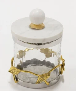 Inspire Me! Home Decor Gold Or Silver Metal Leaf Branch W/ Marble Ball Lid Canisters- With Metal Rim (3 Sizes & 2 Colors) 21 Inspire Me! Home Decor Gold Or Silver Metal Leaf Branch W/ Marble Ball Lid Canisters- With Metal Rim (3 Sizes & 2 Colors)