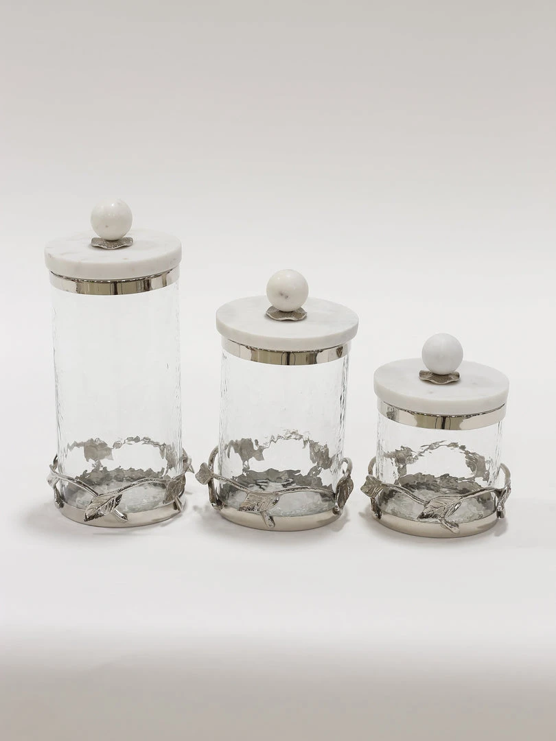 Inspire Me! Home Decor Gold Or Silver Metal Leaf Branch W/ Marble Ball Lid Canisters- With Metal Rim (3 Sizes & 2 Colors) 14 Inspire Me! Home Decor Gold Or Silver Metal Leaf Branch W/ Marble Ball Lid Canisters- With Metal Rim (3 Sizes & 2 Colors)