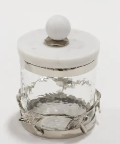 Inspire Me! Home Decor Gold Or Silver Metal Leaf Branch W/ Marble Ball Lid Canisters- With Metal Rim (3 Sizes & 2 Colors) 24 Inspire Me! Home Decor Gold Or Silver Metal Leaf Branch W/ Marble Ball Lid Canisters- With Metal Rim (3 Sizes & 2 Colors)