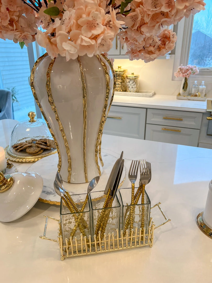 Inspire Me! Home Decor Gold & Glass Utensil Holder With Gold Linear Details 3 Inspire Me! Home Decor Gold & Glass Utensil Holder With Gold Linear Details