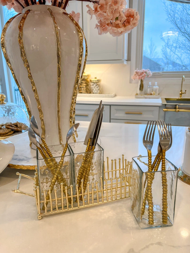 Inspire Me! Home Decor Gold & Glass Utensil Holder With Gold Linear Details 5 Inspire Me! Home Decor Gold & Glass Utensil Holder With Gold Linear Details
