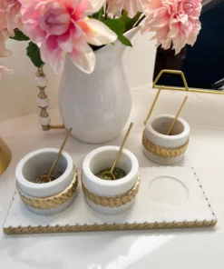 Inspire Me! Home Decor White Marble Condiment Tray With 3 Bowls & Golden Spoons