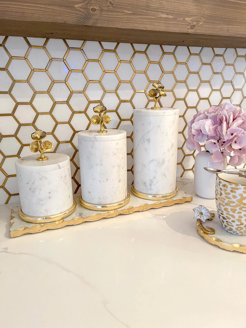 Inspire Me! Home Decor Marble Canisters With Floral Design Lid (2 Colors, 3 Sizes) Gold 3 Inspire Me! Home Decor Marble Canisters With Floral Design Lid (2 Colors, 3 Sizes) Gold