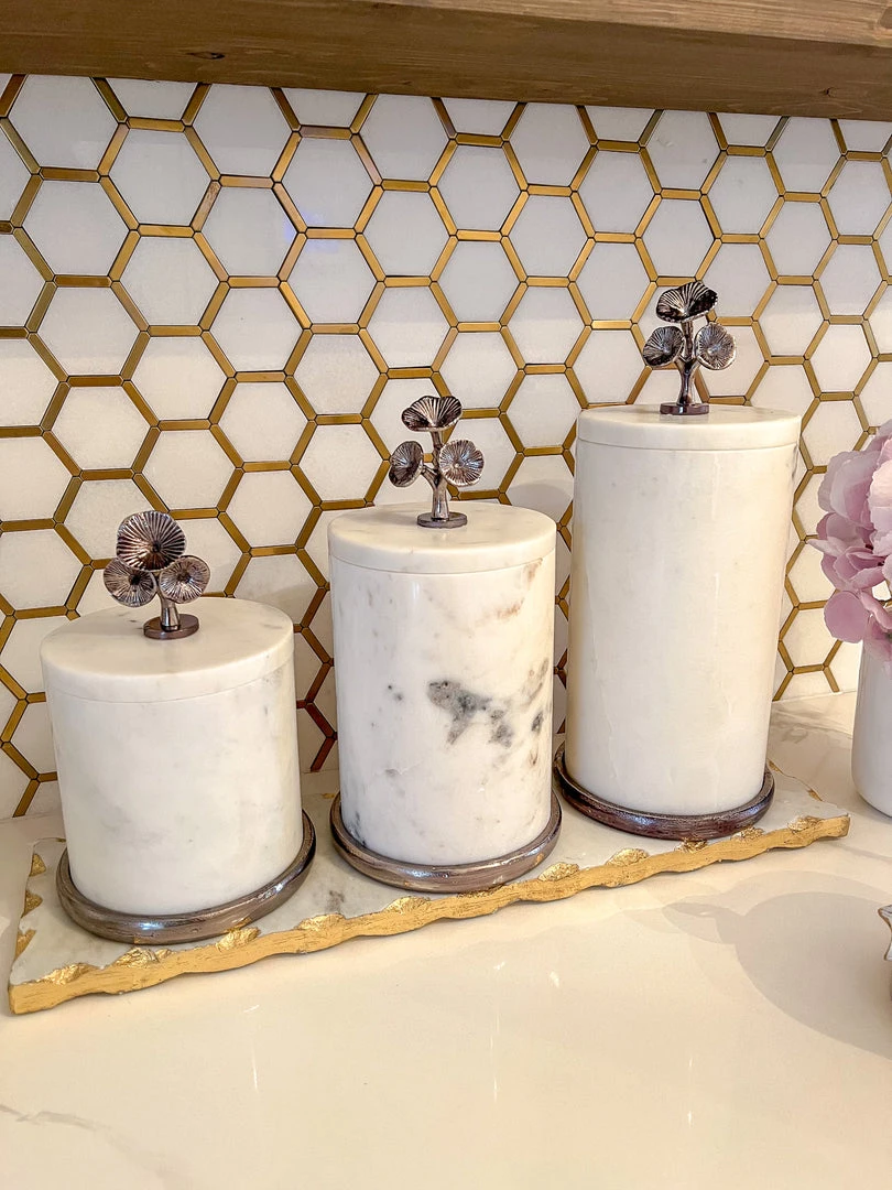 Inspire Me! Home Decor Marble Canisters With Floral Design Lid (2 Colors, 3 Sizes) Gold 4 Inspire Me! Home Decor Marble Canisters With Floral Design Lid (2 Colors, 3 Sizes) Gold