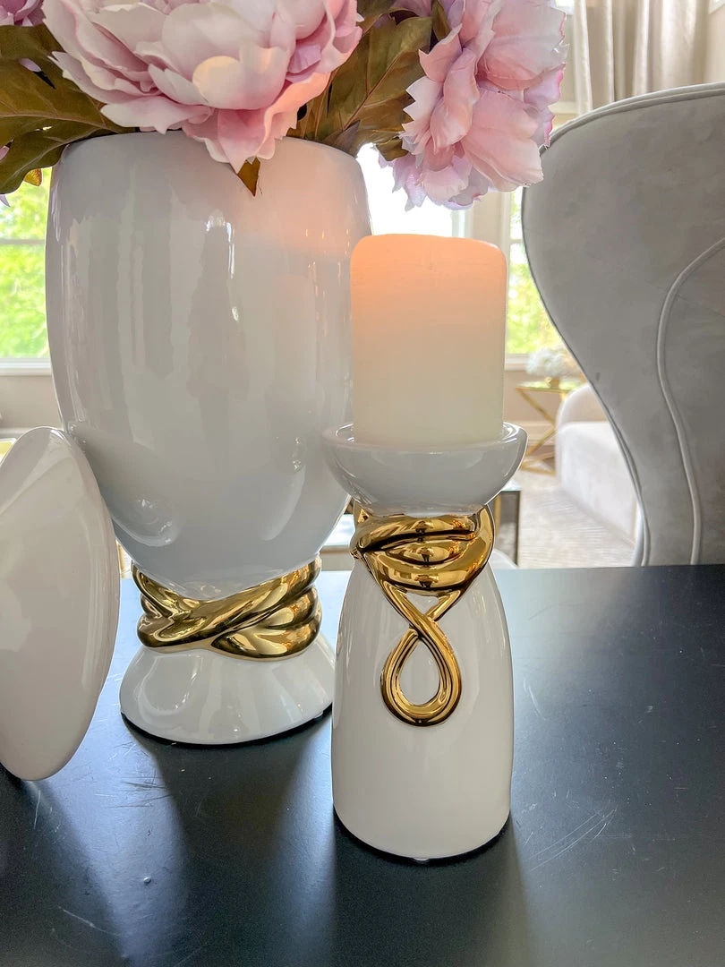 Inspire Me! Home Decor White Ceramic Candle Holder With Gold Elegant Details (2 Sizes) 3 Inspire Me! Home Decor White Ceramic Candle Holder With Gold Elegant Details (2 Sizes)