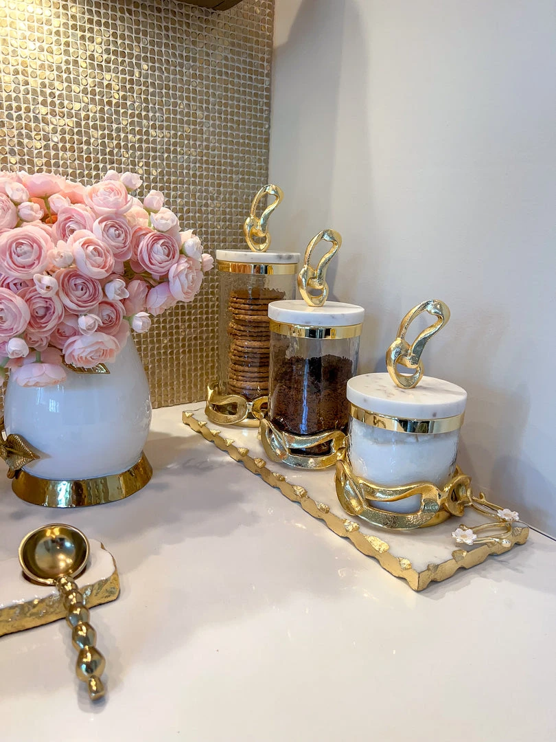 Inspire Me! Home Decor Glass Canisters With Gold Knot Design And Marble Lid (3 Sizes) 3 Inspire Me! Home Decor Glass Canisters With Gold Knot Design And Marble Lid (3 Sizes)