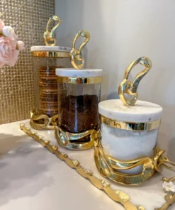 Inspire Me! Home Decor Glass Canisters With Gold Knot Design And Marble Lid (3 Sizes) 8 Inspire Me! Home Decor Glass Canisters With Gold Knot Design And Marble Lid (3 Sizes)