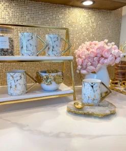 Inspire Me! Home Decor Gold & White Ceramic Mug With Marbled Design And Angled Gold Handle