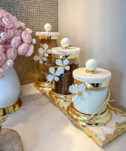 Inspire Me! Home Decor Hammered Glass Canister With White Jeweled Flower Details (3 Sizes) Gold