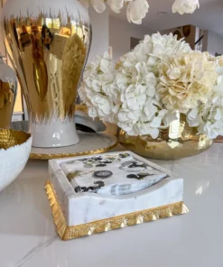 Inspire Me! Home Decor Gold White Marble Napkin Holder/Tray With Ruffled Border