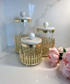 Inspire Me! Home Decor Glass Canisters With Gold Linear Details (3 Sizes) 12 Inspire Me! Home Decor Glass Canisters With Gold Linear Details (3 Sizes)