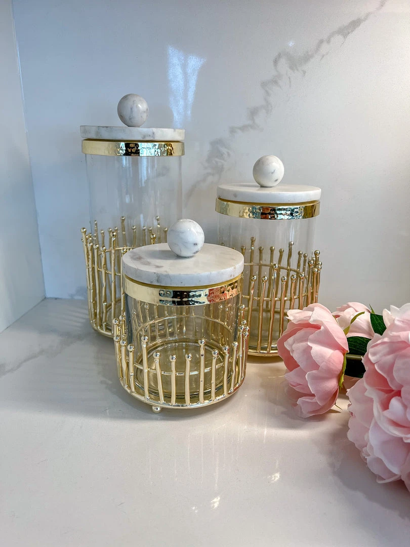 Inspire Me! Home Decor Glass Canisters With Gold Linear Details (3 Sizes) 5 Inspire Me! Home Decor Glass Canisters With Gold Linear Details (3 Sizes)