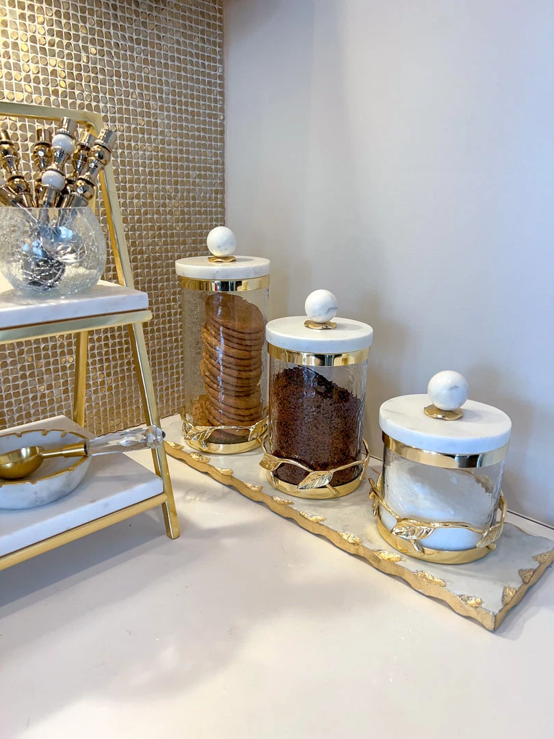 Inspire Me! Home Decor Gold Metal Leaf Branch Canister W/ Marble Ball Lid (3 Sizes) 4 Inspire Me! Home Decor Gold Metal Leaf Branch Canister W/ Marble Ball Lid (3 Sizes)