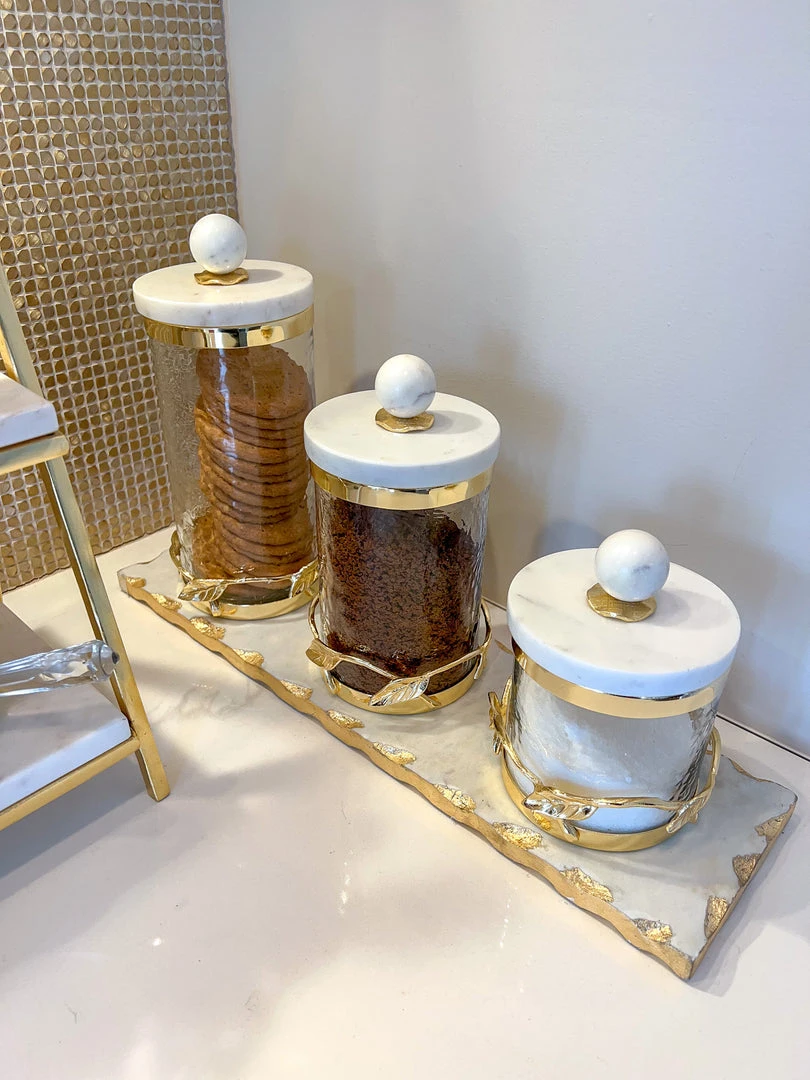 Inspire Me! Home Decor Gold Metal Leaf Branch Canister W/ Marble Ball Lid (3 Sizes) 3 Inspire Me! Home Decor Gold Metal Leaf Branch Canister W/ Marble Ball Lid (3 Sizes)