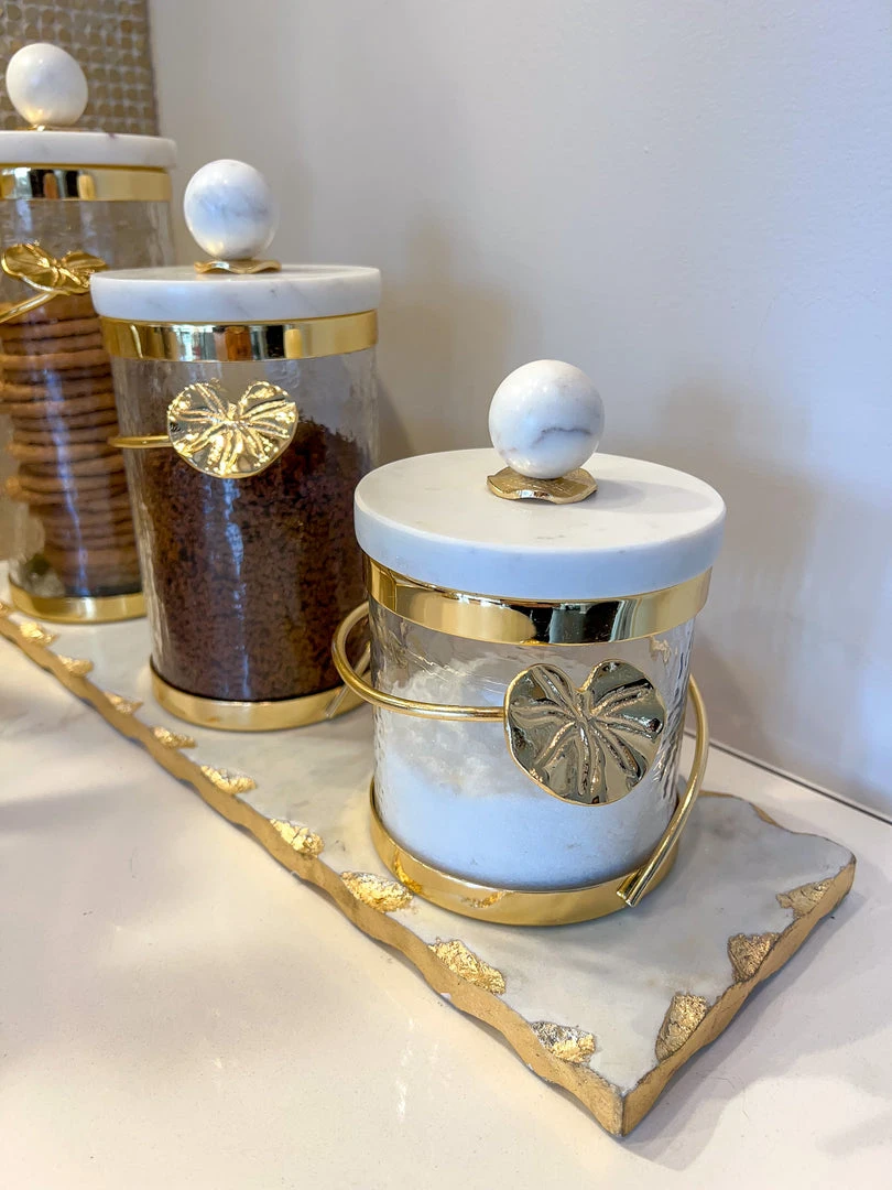 Inspire Me! Home Decor Glass Canister With Gold Leaf Design & Marble Lid (3 Sizes) 4 Inspire Me! Home Decor Glass Canister With Gold Leaf Design & Marble Lid (3 Sizes)