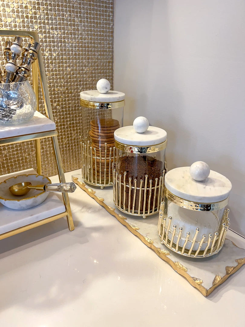 Inspire Me! Home Decor Glass Canisters With Gold Linear Details (3 Sizes) 3 Inspire Me! Home Decor Glass Canisters With Gold Linear Details (3 Sizes)