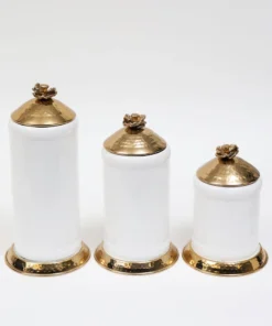 Inspire Me! Home Decor White Ceramic Jars With Gold Flower Lid (3 Sizes)