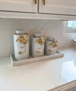 Inspire Me! Home Decor White Ceramic Jar With Gold Floral Design (3 Sizes) 11 Inspire Me! Home Decor White Ceramic Jar With Gold Floral Design (3 Sizes)