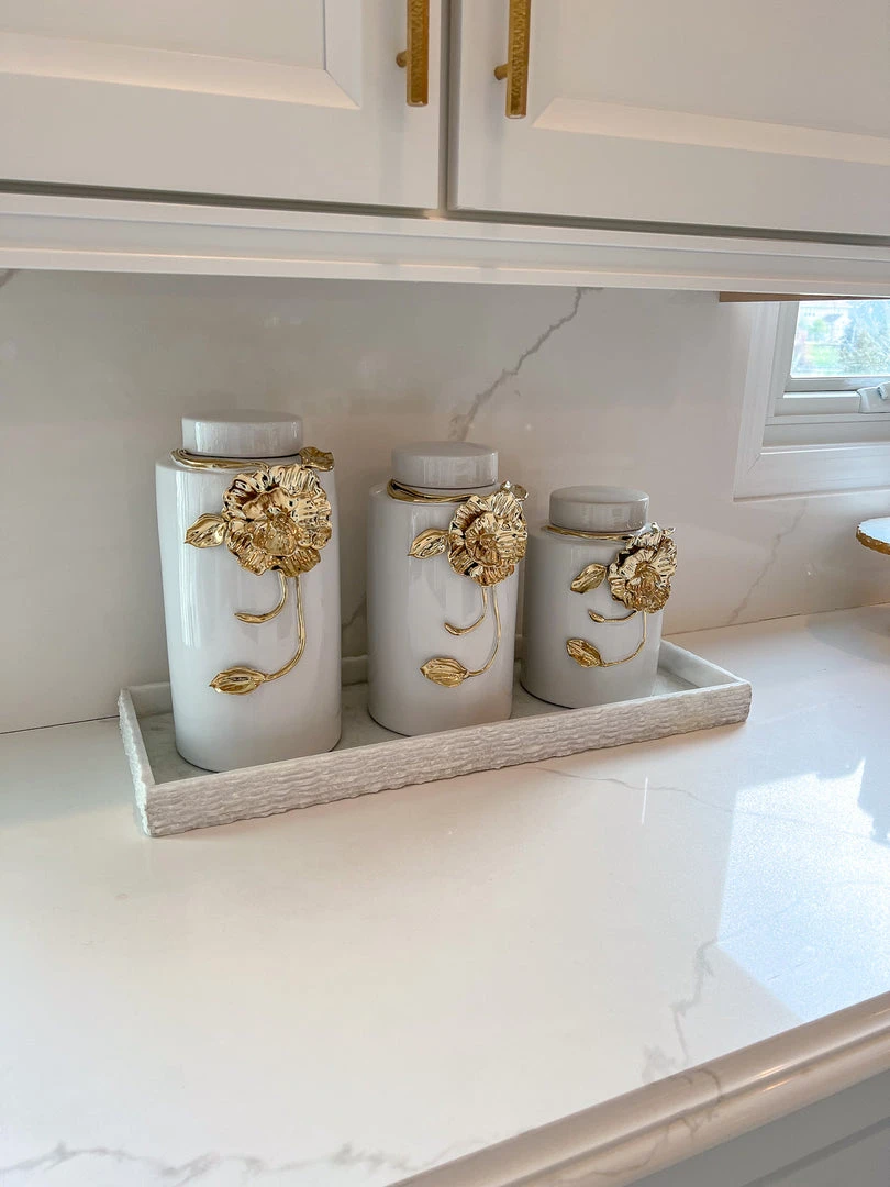 Inspire Me! Home Decor White Ceramic Jar With Gold Floral Design (3 Sizes) 5 Inspire Me! Home Decor White Ceramic Jar With Gold Floral Design (3 Sizes)