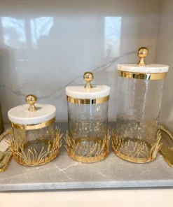 Inspire Me! Home Decor Glass Canister With Gold Branch Design And Marble And Gold Lid (3 Sizes)