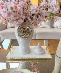 Inspire Me! Home Decor Rectangle Marble Tray With Gold Handles & Hammered Gold Edge