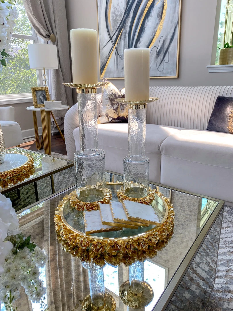 Inspire Me! Home Decor Glass Candle Holder With Gold Metal Floral Details (2 Sizes) 3 Inspire Me! Home Decor Glass Candle Holder With Gold Metal Floral Details (2 Sizes)
