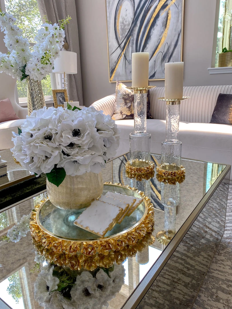 Inspire Me! Home Decor Glass Candle Holder With Gold Metal Floral Details (2 Sizes) 4 Inspire Me! Home Decor Glass Candle Holder With Gold Metal Floral Details (2 Sizes)