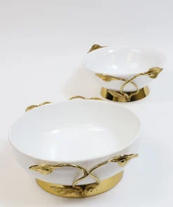 Inspire Me! Home Decor White Ceramic Bowl With Gold Leaf Details And Base (2 Sizes)