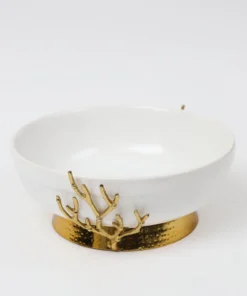 Inspire Me! Home Decor White Ceramic Bowl With Gold Textured Details On Gold Base " From Pops Of Color Home Collection"