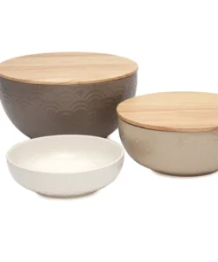 Inspire Me! Home Decor Set Of 3 Ceramic Bowls With 2 Wood Lids